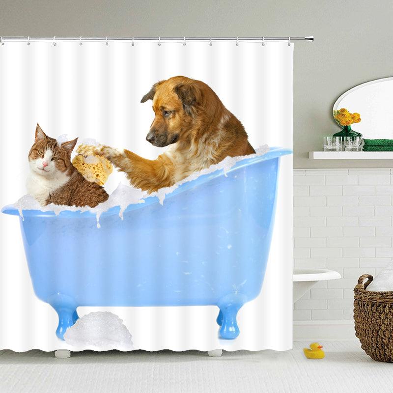 Bathing Together Dog Cat Shower Curtain | Cat Dog Bathing Together Bathroom Curtain