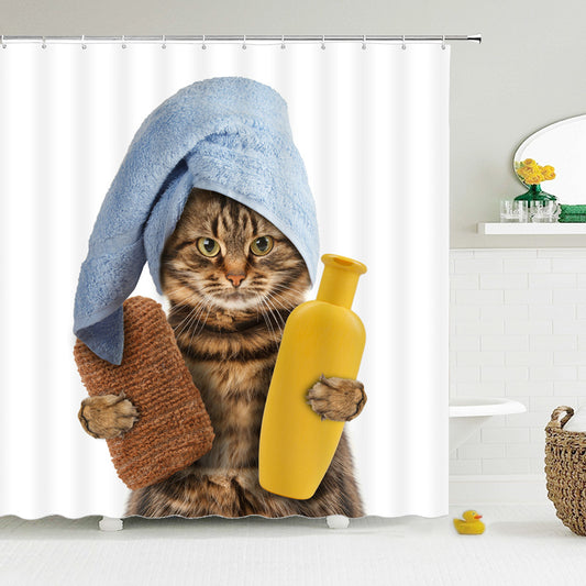 Funny A Cat in A Towel Hat Shower Curtain | Washed Cat Shower Curtain