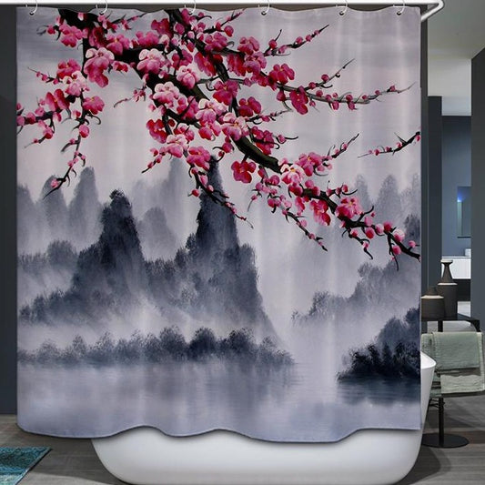Oriental Ink Painting Plum Mountain Shower Curtain