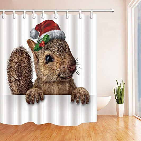 Christmas Santa Hat Vivid Squirrel Shower Curtain