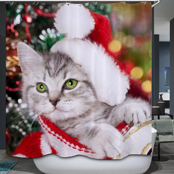 Cute Kitten with Santa Hat Cat Christmas Shower Curtain