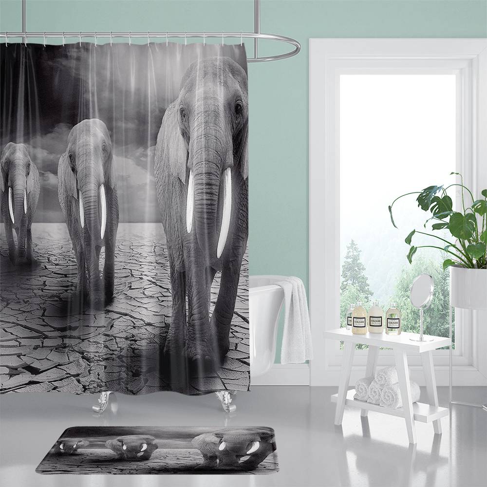 Mono Style Elephants Walking on Barren Land Shower Curtain