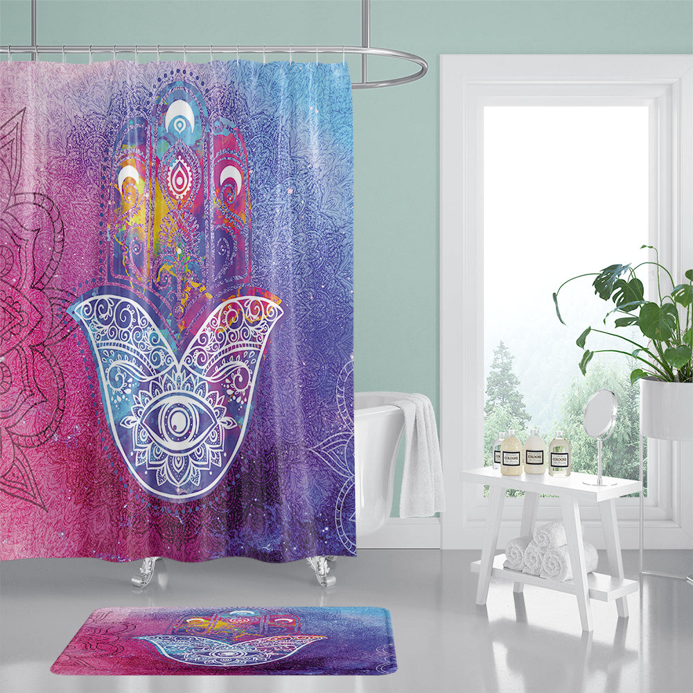 Colorful Mandala Background Hamsa Hand Shower Curtain | Colorful Mandala Hamsa Bathroom Curtain