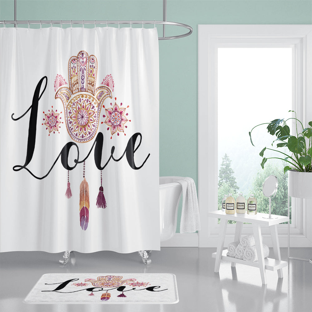 White Love Feather Hamsa Shower Curtain | Feather Hamsa Bathroom Curtain