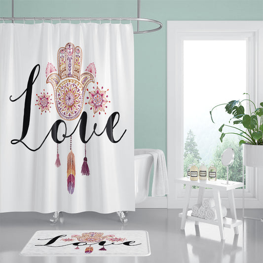 White Love Feather Hamsa Shower Curtain | Feather Hamsa Bathroom Curtain