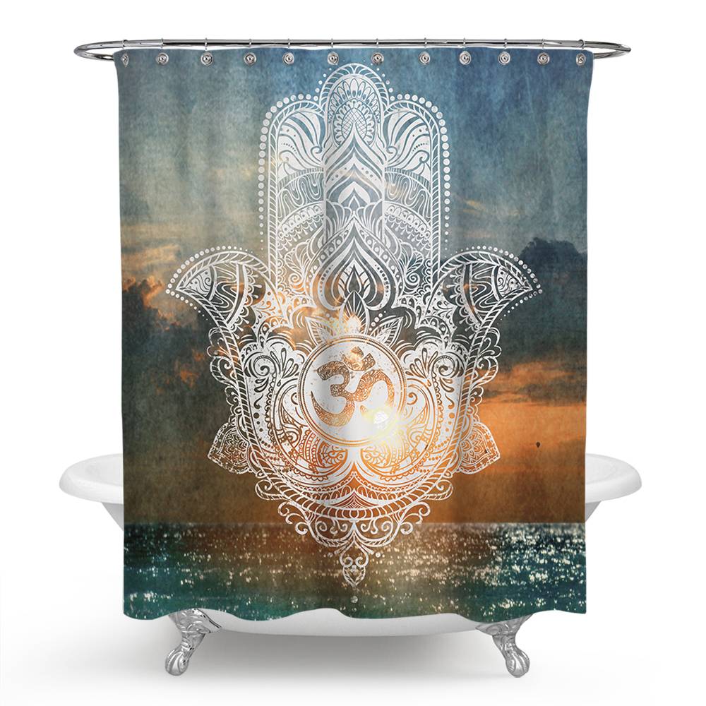 Sea Level Backdrop Hamsa Hand Shower Curtain with Om Sign