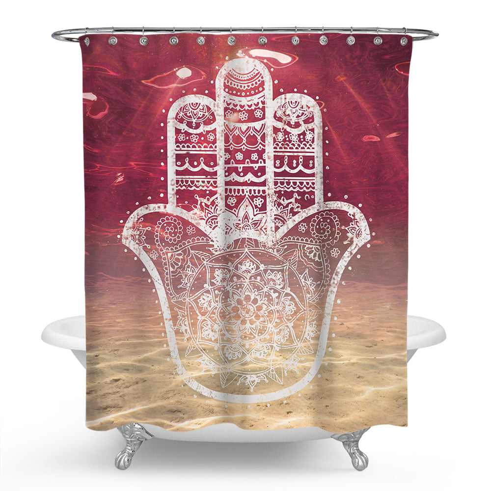 Under The Red Sea Hamsa Hand Shower Curtain with Mandala Boho Pattern | Under The Red Sea  Hamsa Shower Curtain