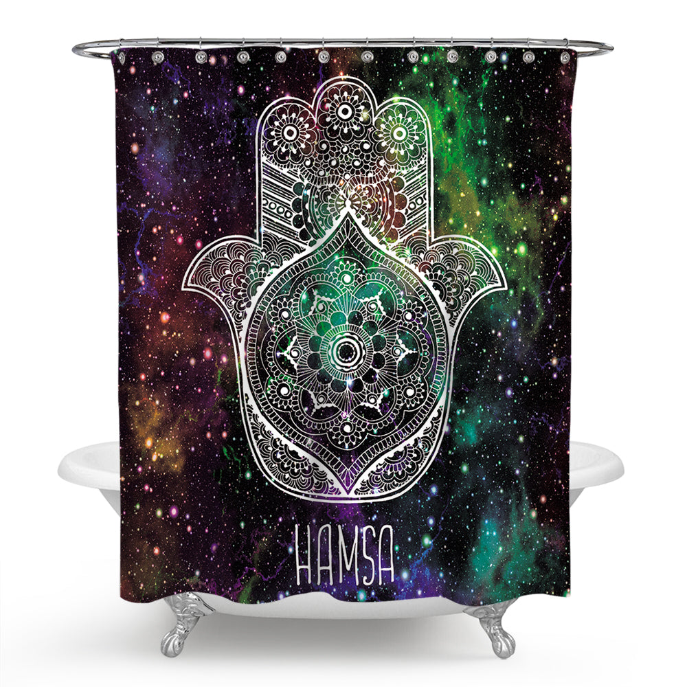 Mysterious Gorgeous Galaxies Hamsa Shower Curtain | Nebula Hamsa Hand Bathroom Curtain