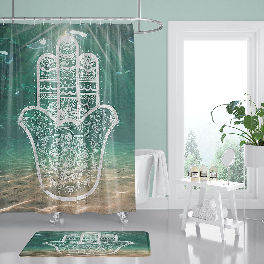 Under The Sea Hamsa Hand Shower Curtain with Mandala Boho Pattern