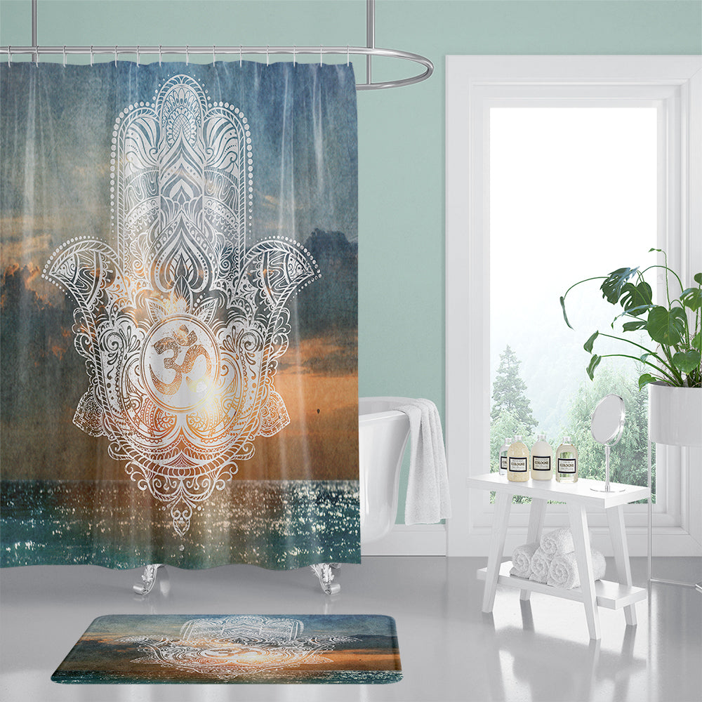 Sea Level Backdrop Hamsa Hand Shower Curtain with Om Sign