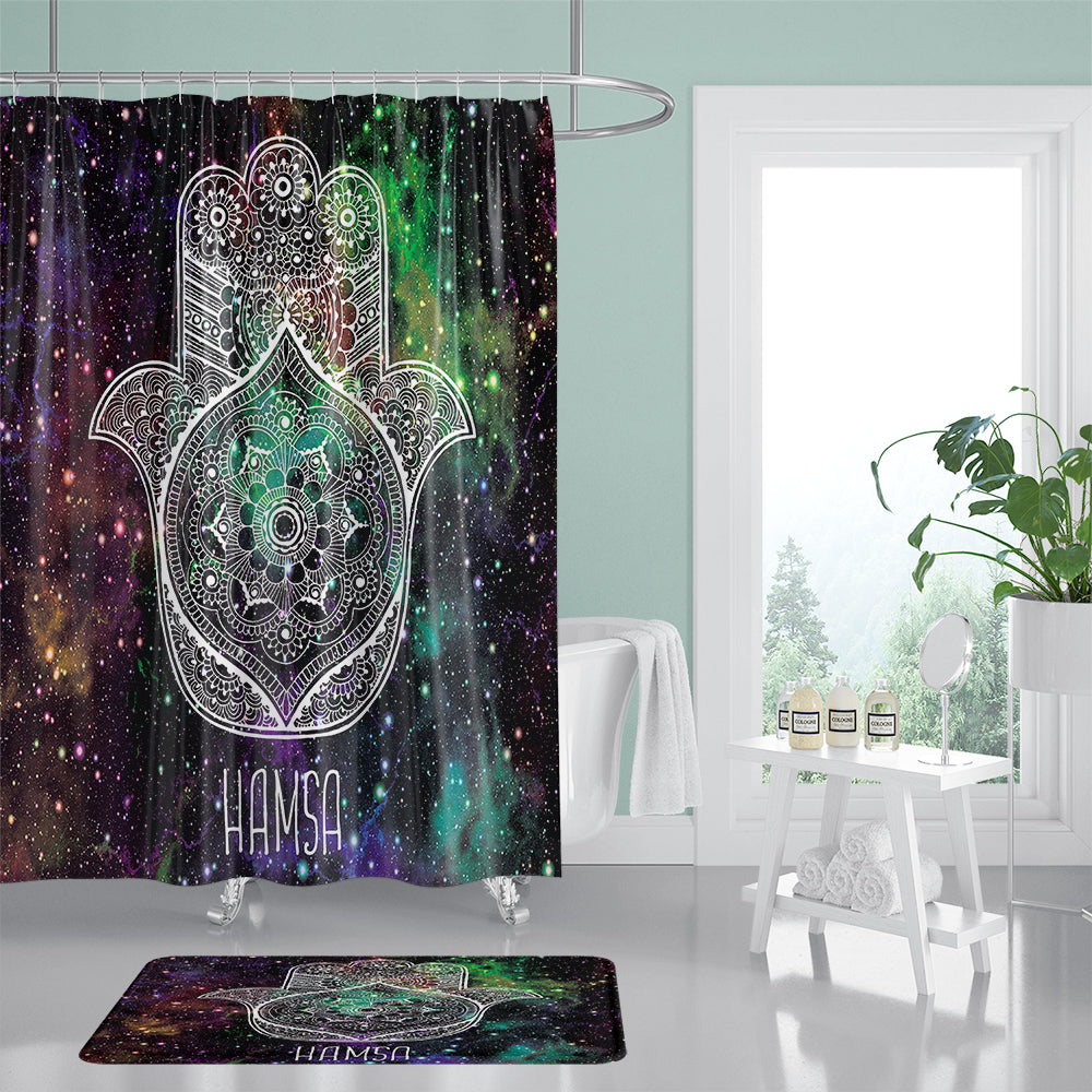 Mysterious Gorgeous Galaxies Hamsa Shower Curtain | Nebula Hamsa Hand Bathroom Curtain