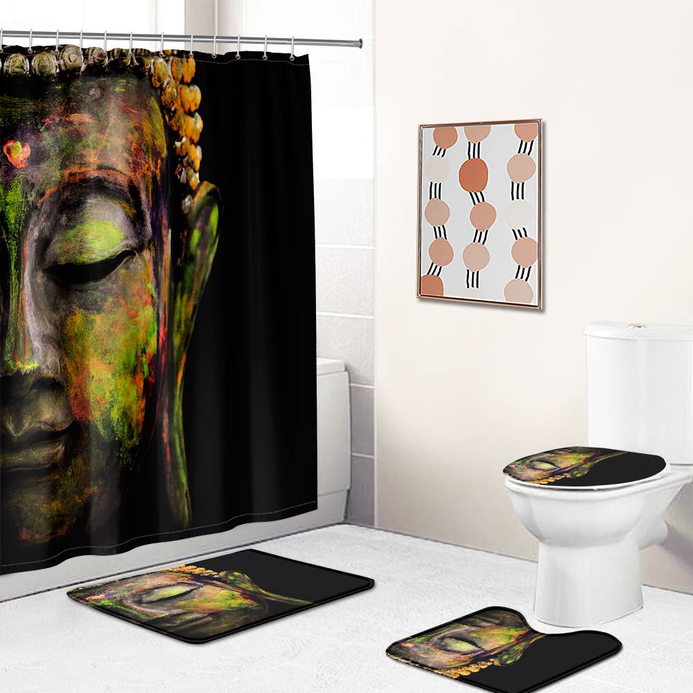 Timeworn Colorful Buddha Head Shower Curtain | Buddha  Bathroom Curtain