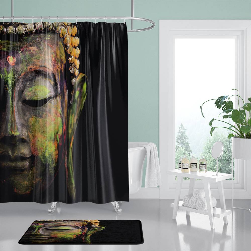 Timeworn Colorful Buddha Head Shower Curtain | Buddha  Bathroom Curtain