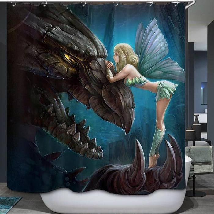 Cartoon Elf Fairy and Evil Dragon Shower Curtain