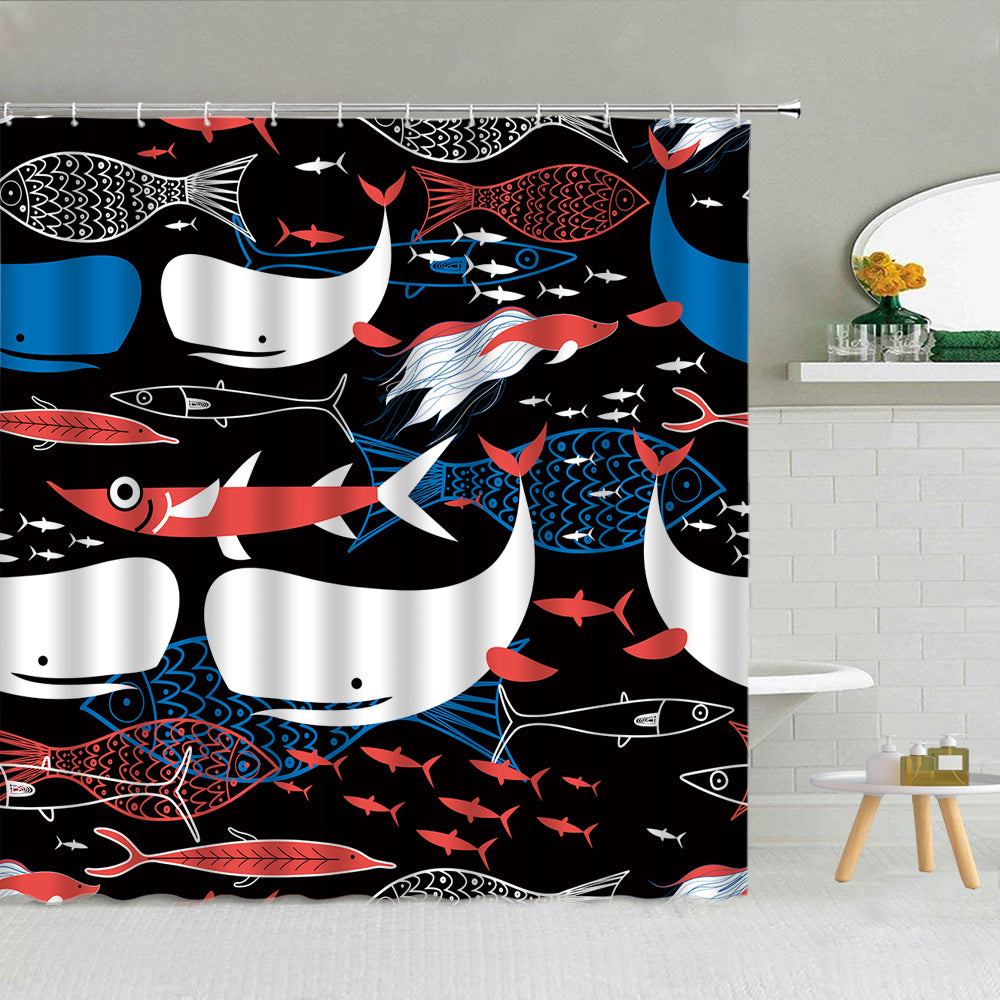 Schooling Fish Cartoon Whale Shower Curtain | Schooling Fish Whale Bathroom Curtain