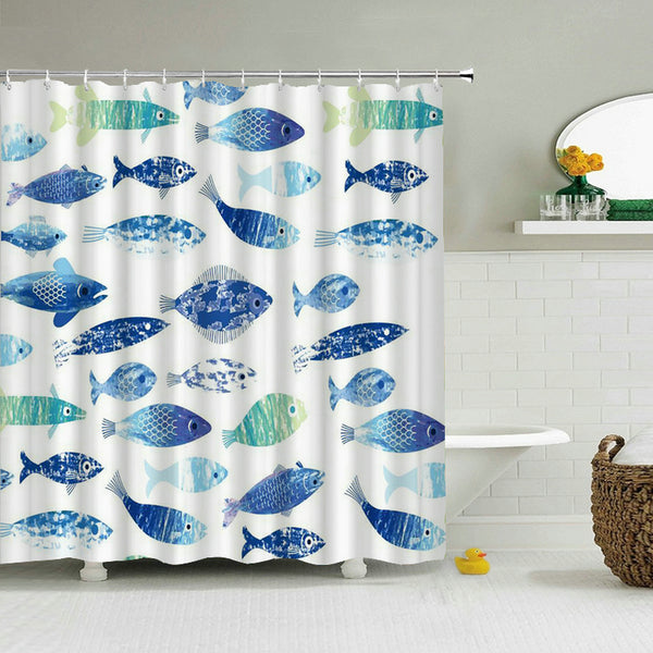 blue fish shower curtain hooks All Kinds of Blue Fish Shower Curtain, Waterproof, Marine Animals Bathroom Decor – warmthone