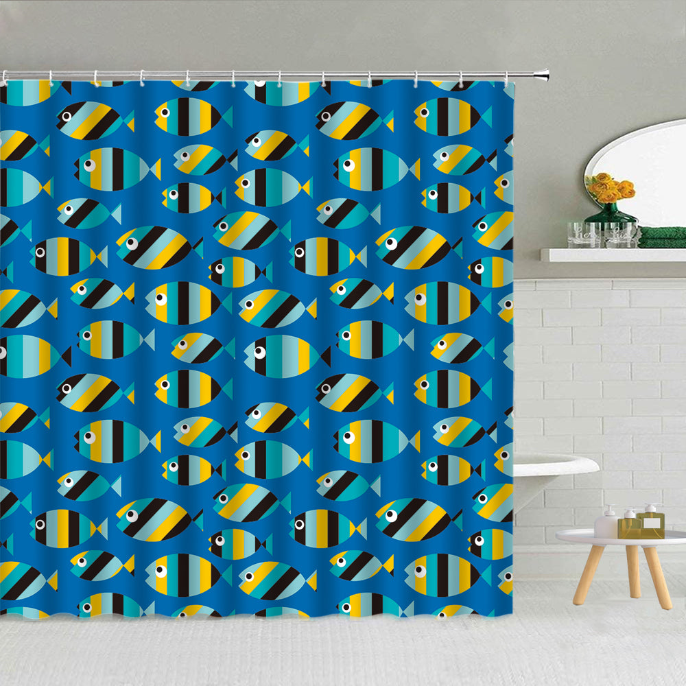 Black, Blue and Yellow Striped Fish Shower Curtain | Fish School Bathroom Curtain