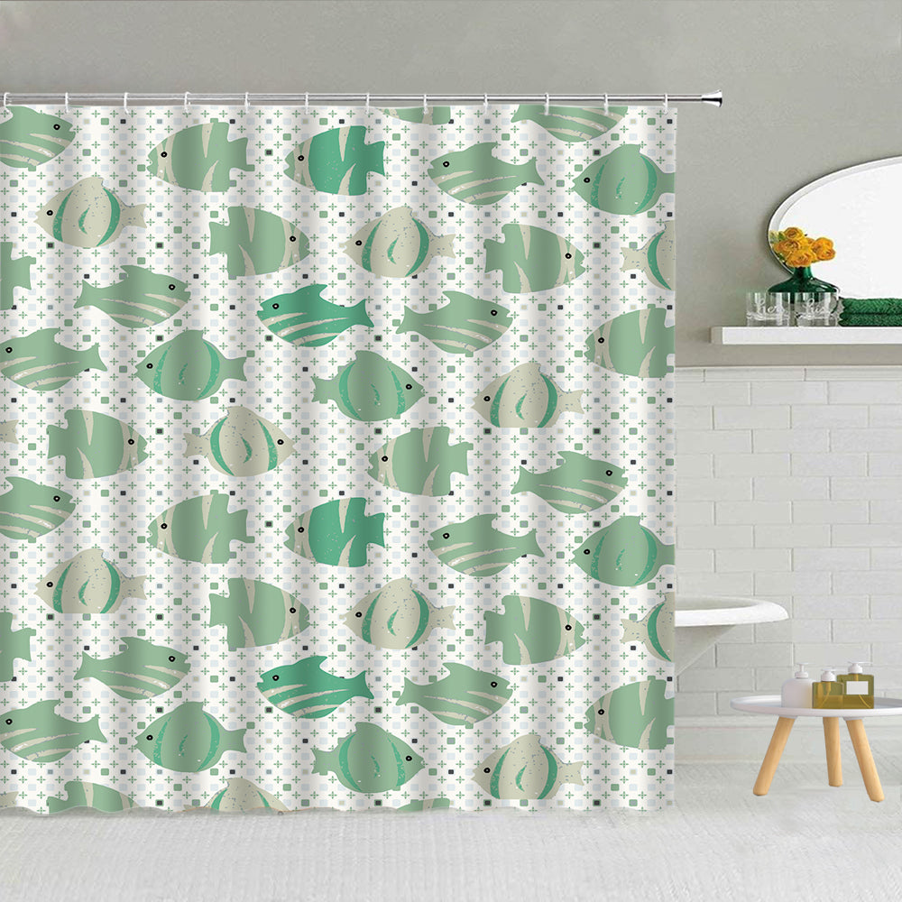 Green Dot Background All Kinds of Fish Shower Curtain | Fish Bathroom Curtain