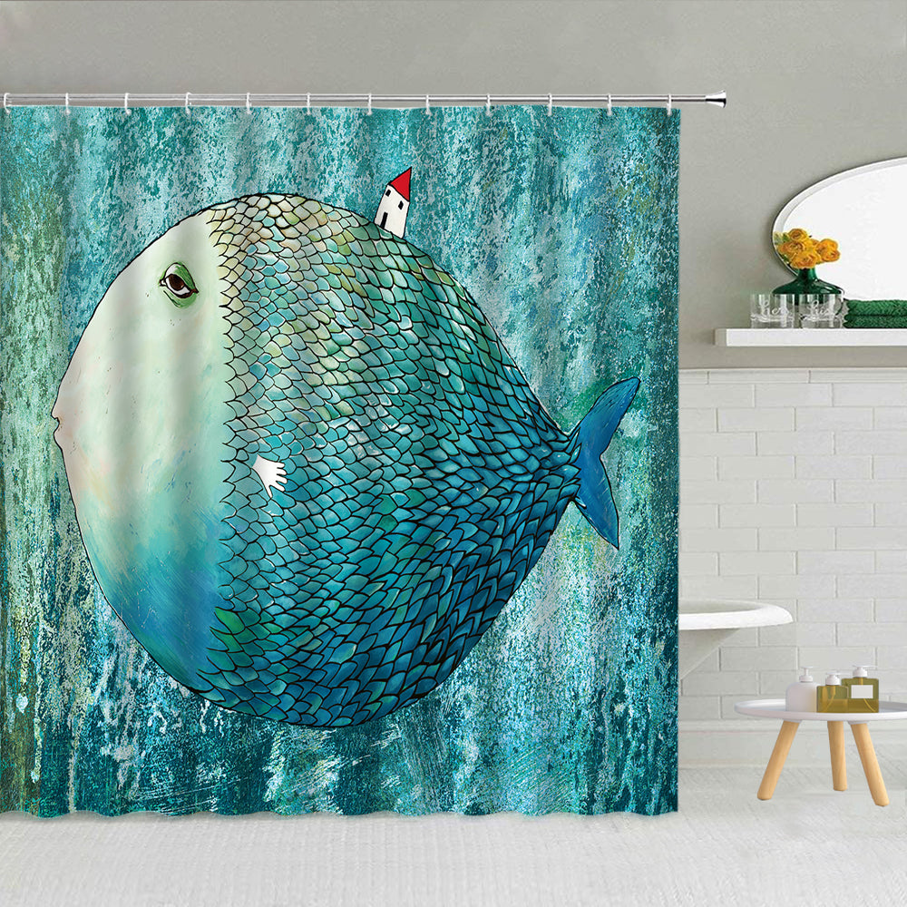 Cartoon Sleepy Blue Fish Shower Curtain, Abstract Fish Bathroom