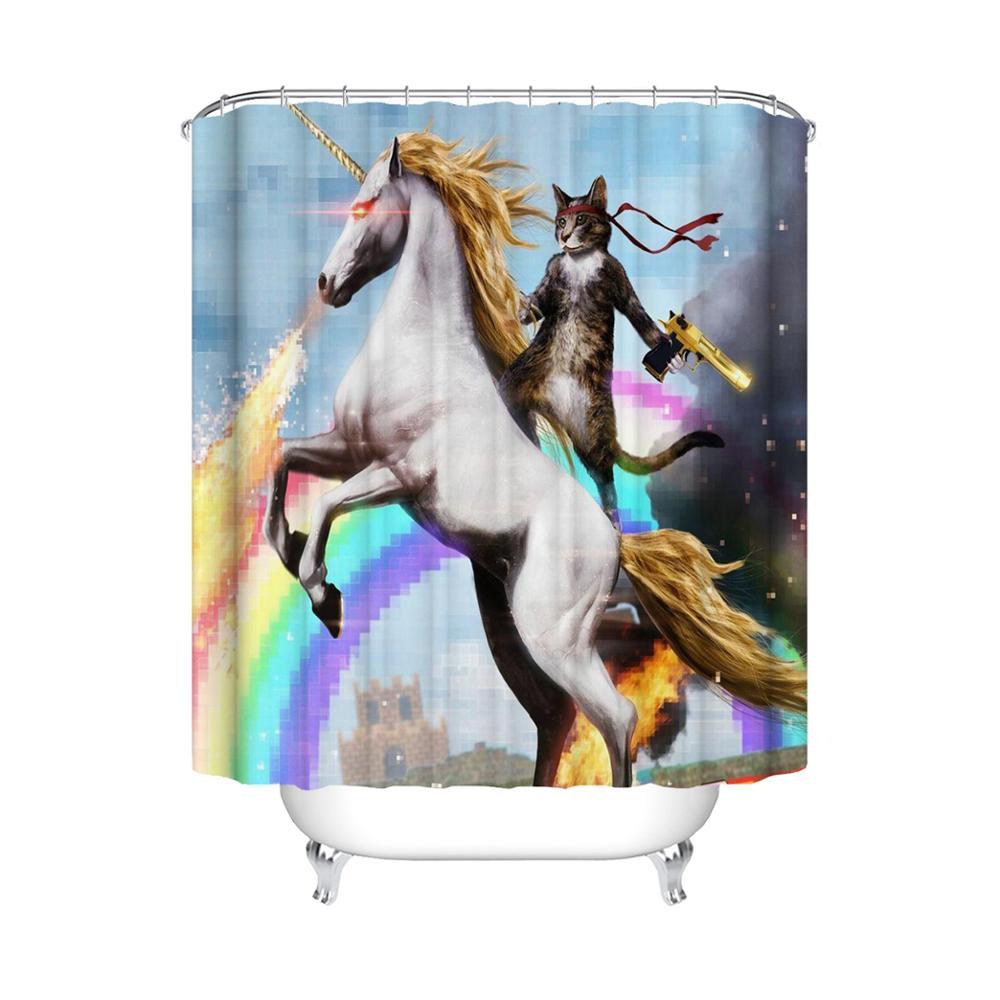 Cat Riding Unicorn Shower Curtain, Funny Cat Unicorn Bathroom Curtain