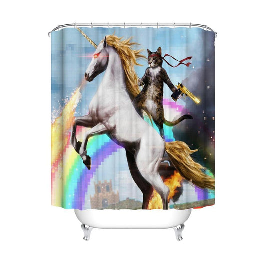 Cat Riding Unicorn Shower Curtain, Funny Cat Unicorn Bathroom Curtain