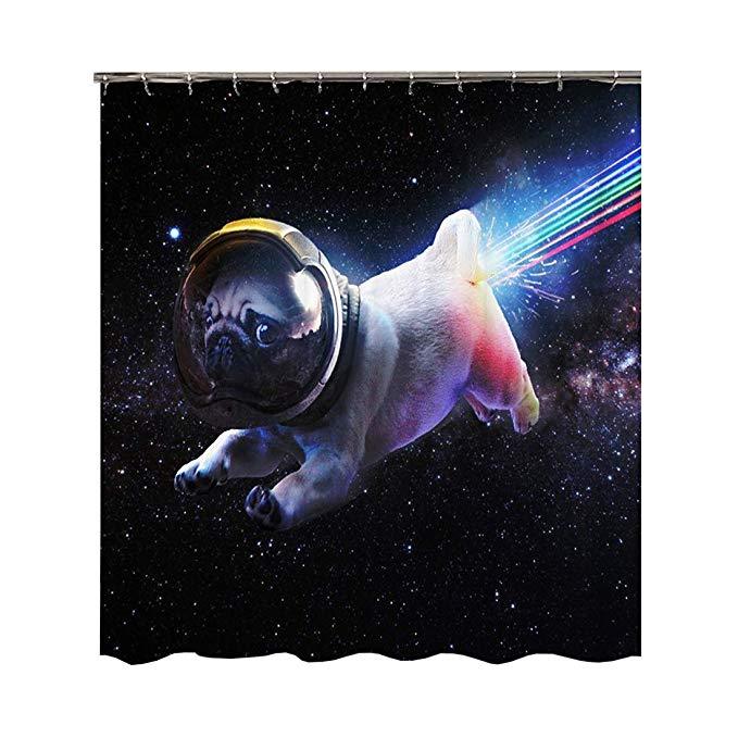 Funny Flying Astronaut Dog Space Flying PugShower Curtain