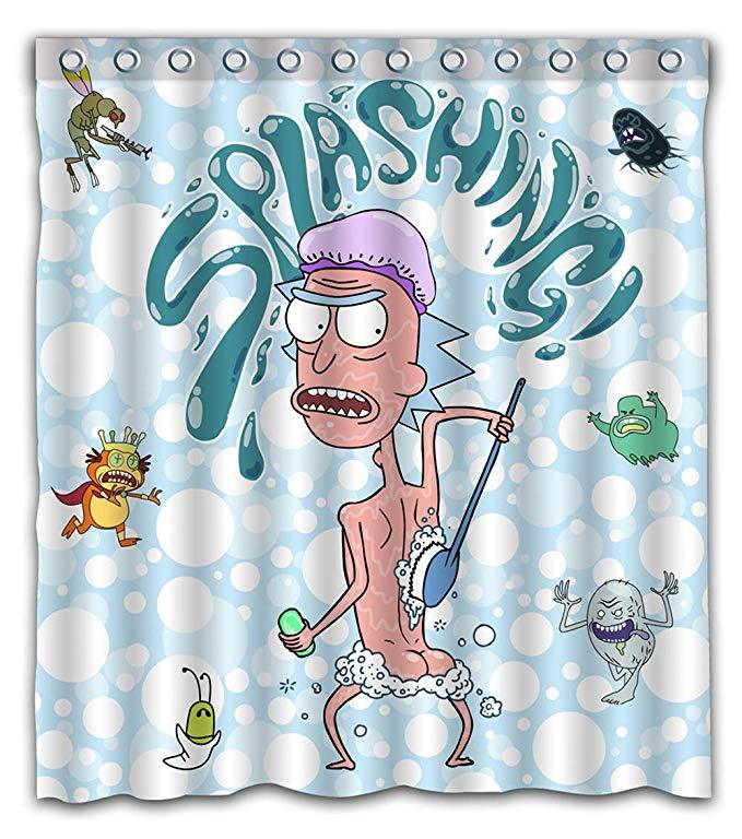 Funny Animation Taking A Shower Splashing Rick Shower Curtain