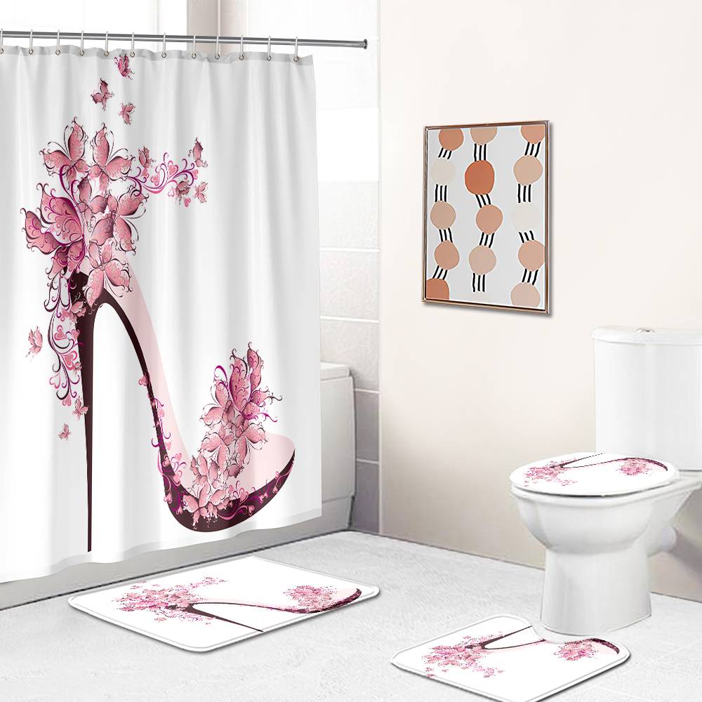 Pink Butterfly Stiletto Shower Curtain | Pink Stiletto Bathroom Curtain