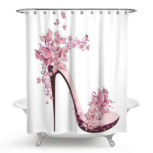 Pink Butterfly Stiletto Shower Curtain | Pink Stiletto Bathroom Curtain