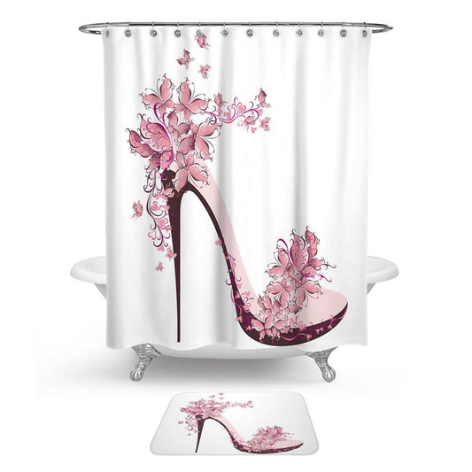 Pink Butterfly Stiletto Shower Curtain | Pink Stiletto Bathroom Curtain