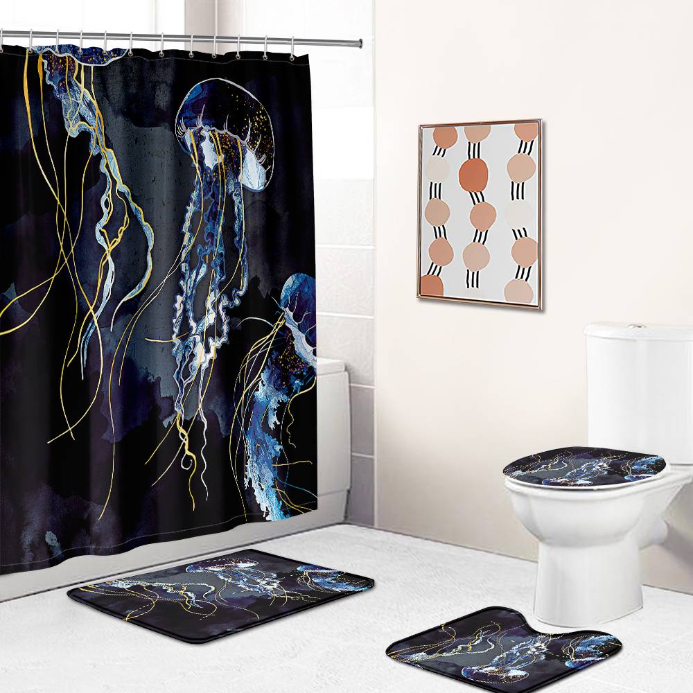 Dark Blue Watercolor Jellyfish Shower Curtain | Dark Blue Jellyfish Shower Curtain