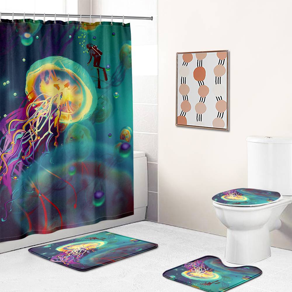 Under The Sea Diver and Jellyfish Shower Curtain | Jellyfish Bathroom Curtain