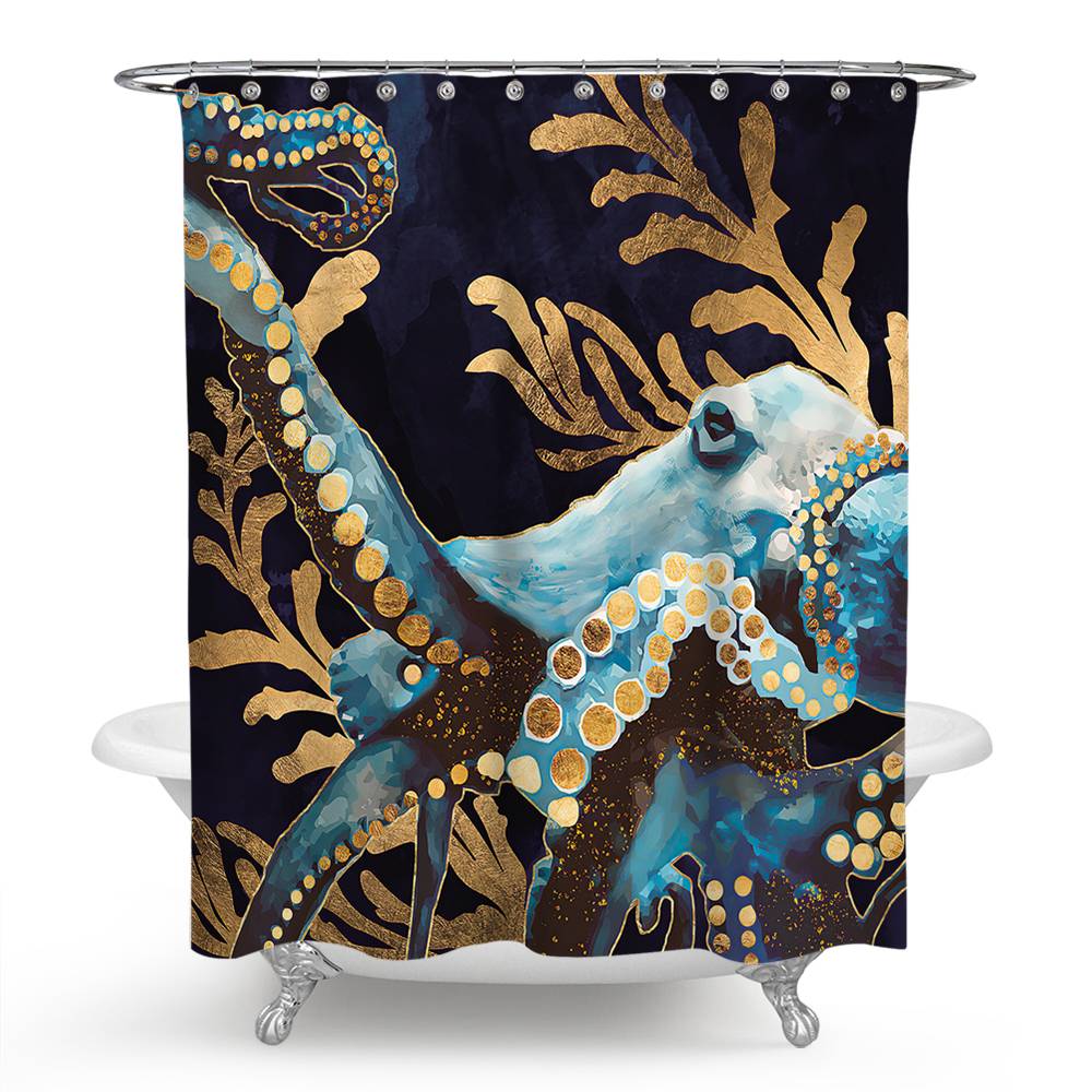 Blue Gold Octopus Shower Curtain | Blue Gold Octopus Bathroom Curtain