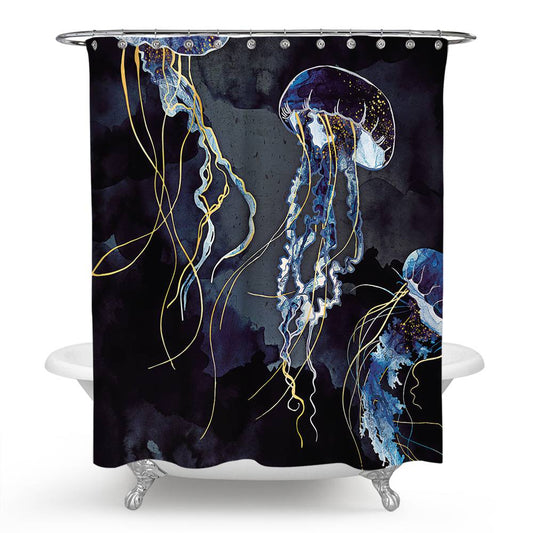 Dark Blue Watercolor Jellyfish Shower Curtain | Dark Blue Jellyfish Shower Curtain