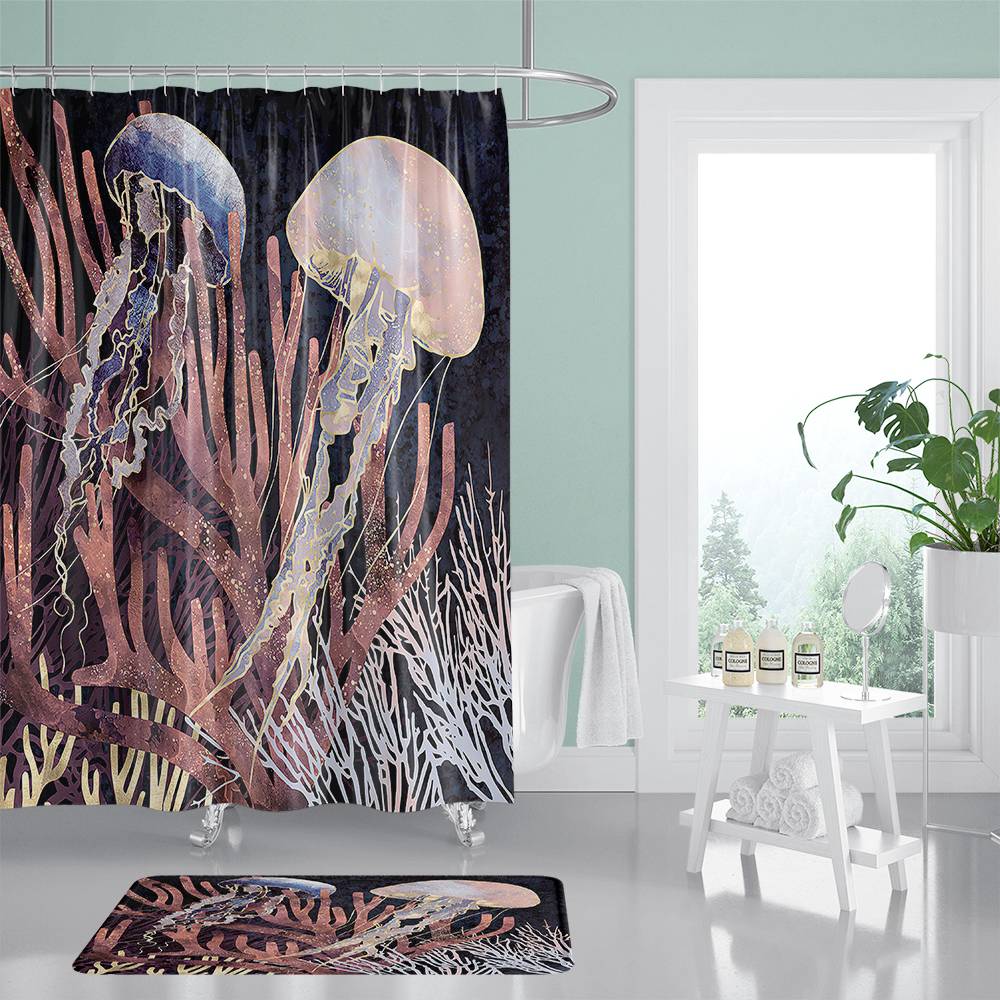 Coral and Jellyfishes Shower Curtain | Coral Jellyfishes Bathroom Curtain
