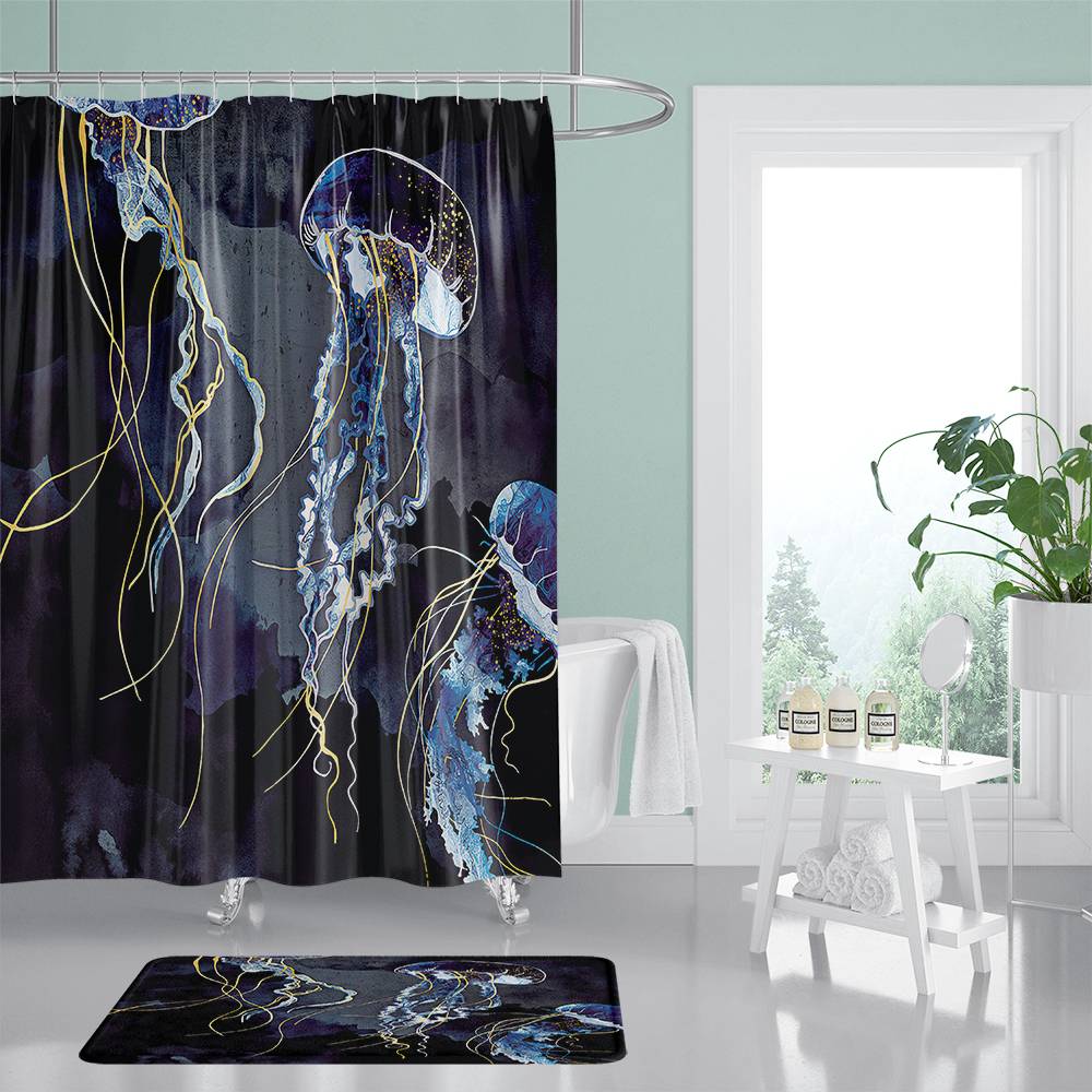 Dark Blue Watercolor Jellyfish Shower Curtain | Dark Blue Jellyfish Shower Curtain