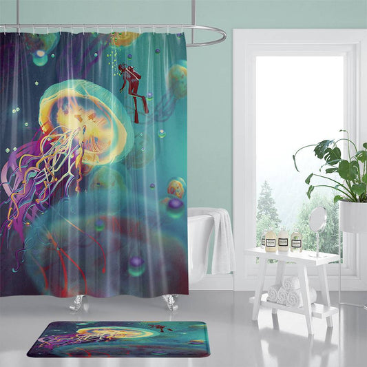 Under The Sea Diver and Jellyfish Shower Curtain | Jellyfish Bathroom Curtain