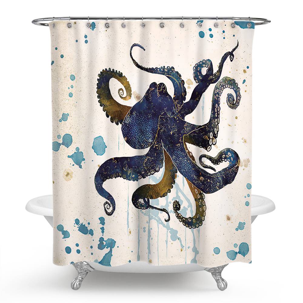 Watercolor Drak Blue Octopus Shower Curtain | Watercolor Drak Blue Octopus Shower Curtain