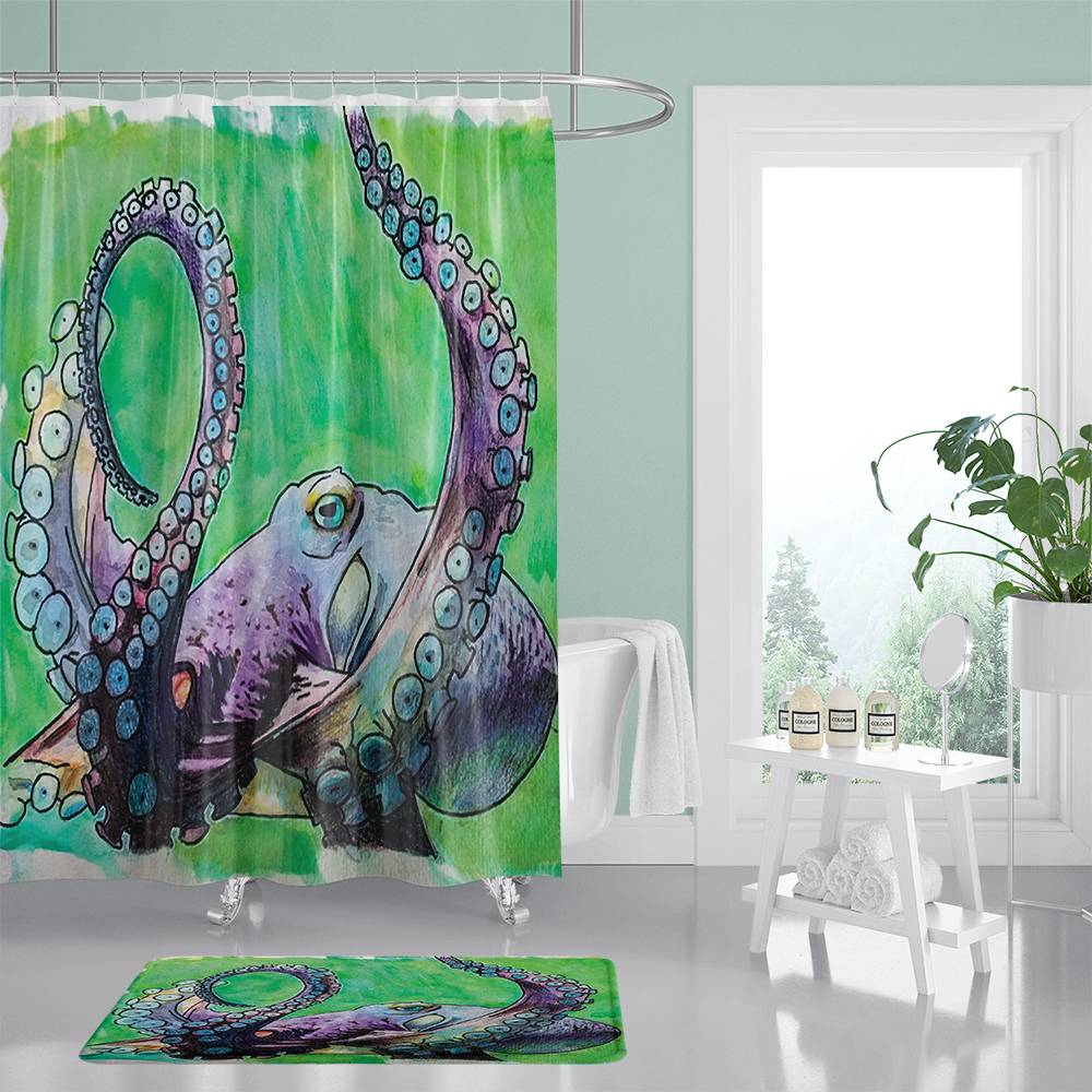 Hand Drawn Purple Octopus Shower Curtain | Purple Octopus Bathroom Curtain