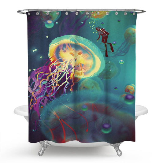 Under The Sea Diver and Jellyfish Shower Curtain | Jellyfish Bathroom Curtain