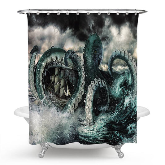 Kraken Attacking Ship Colossal Octopus and Ship Shower Curtain | Kraken Attacking Ship Shower Curtain