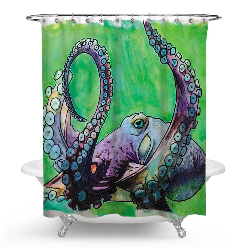 Hand Drawn Purple Octopus Shower Curtain | Purple Octopus Bathroom Curtain