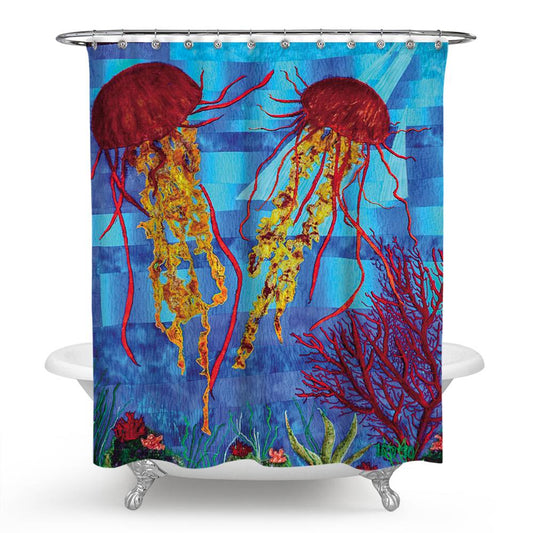 Red Coral and Jellyfish Shower Curtain | Coral Jellyfish Bathroom Curtain