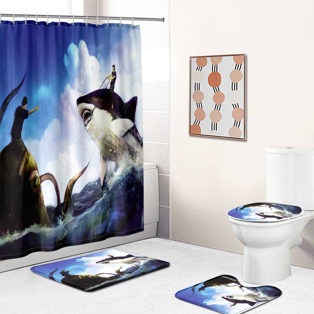 Funny Cartoon Human Ride Kraken Battle with Shark Shower Curtain | Octopus Battle with Shark Bathroom Curtain