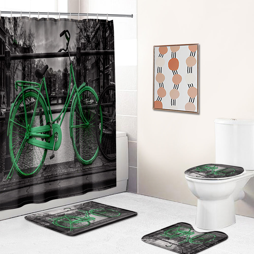 Mono Urban Background Green Old Bicycle Shower Curtain | Green Bike Bathroom Curtain