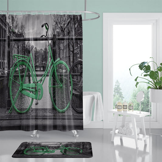 Mono Urban Background Green Old Bicycle Shower Curtain | Green Bike Bathroom Curtain