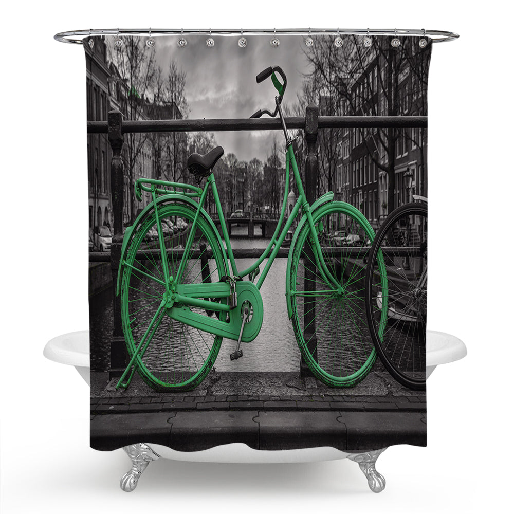 Mono Urban Background Green Old Bicycle Shower Curtain | Green Bike Bathroom Curtain