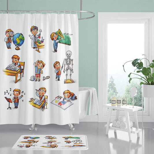 School Day Life Schoolboy Shower Curtain for Kids Educational | School Day Life Schoolboy Bathroom Curtain