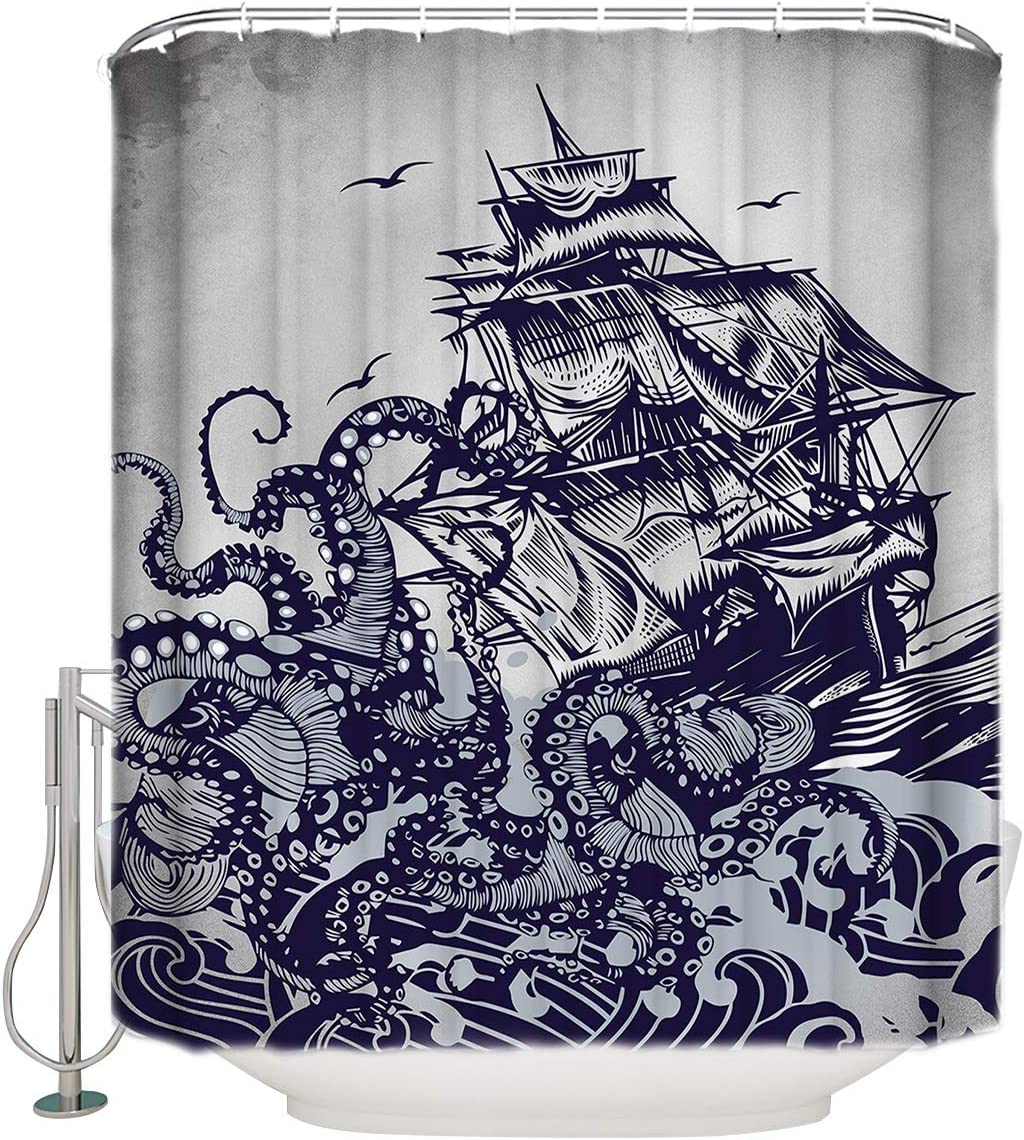 Octopus Attacking Sailboat Kraken Shower Curtain
