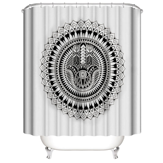 White Simple Mandala Hamsa Shower Curtain | Mandala Hamsa Hand Shower Curtain